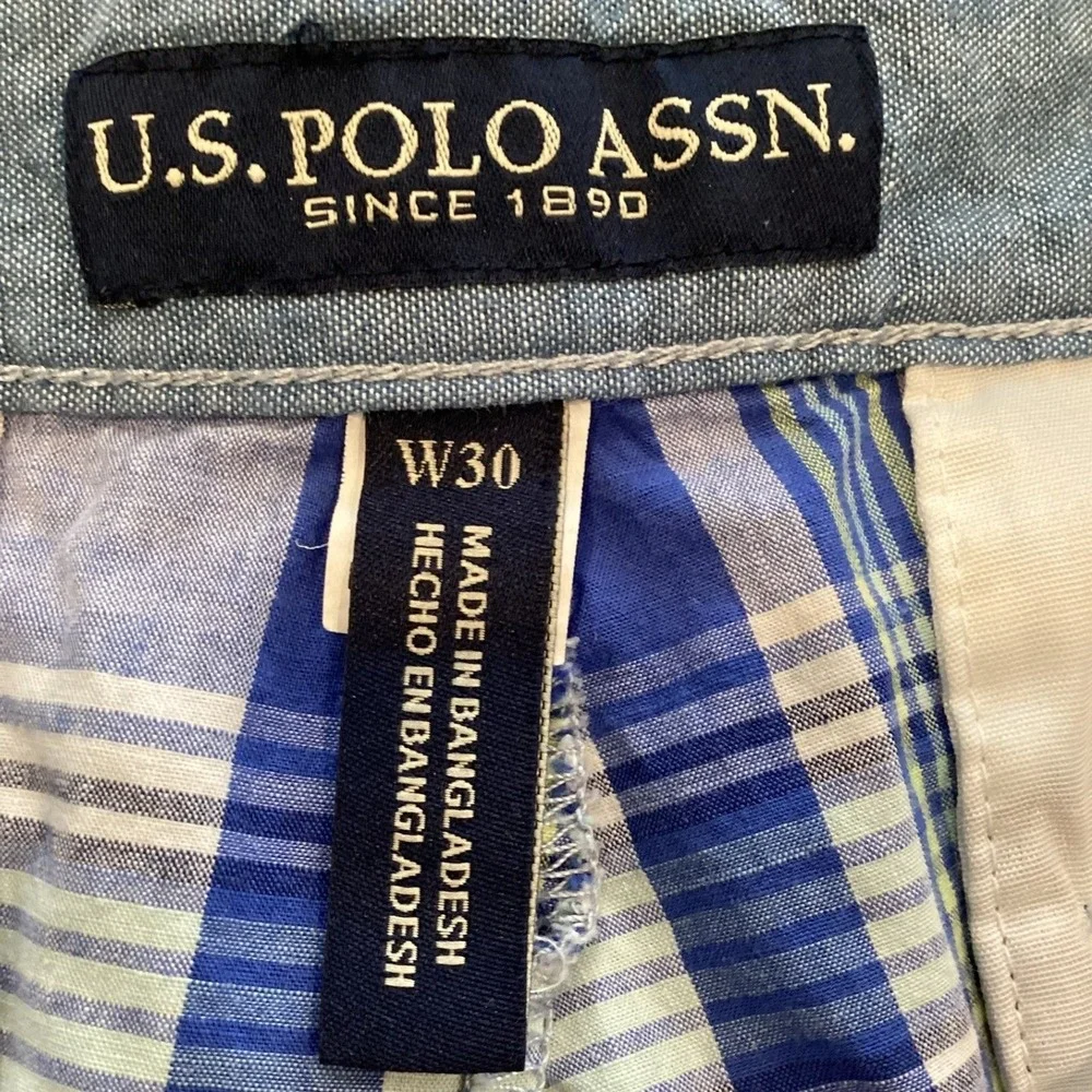 US‎ Polo Mens Shorts Plaid Madras Blue Grey Coral Green Flat Front Cotton - 30
